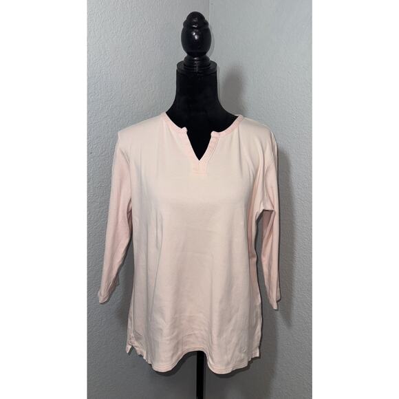 L L Bean Pedal Pink 100% Cotton V Neck Quarter Length Sleeve Women Size Large - Picture 1 of 12